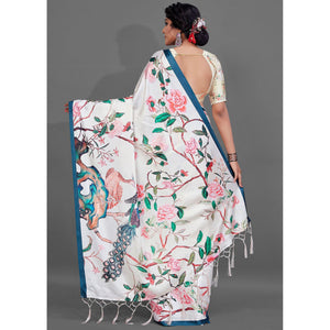 Cream Casual Wear Printed Satin Silk Saree