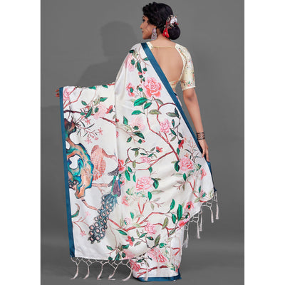Cream Casual Wear Printed Satin Silk Saree