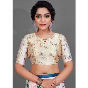 Cream Casual Wear Printed Satin Silk Saree