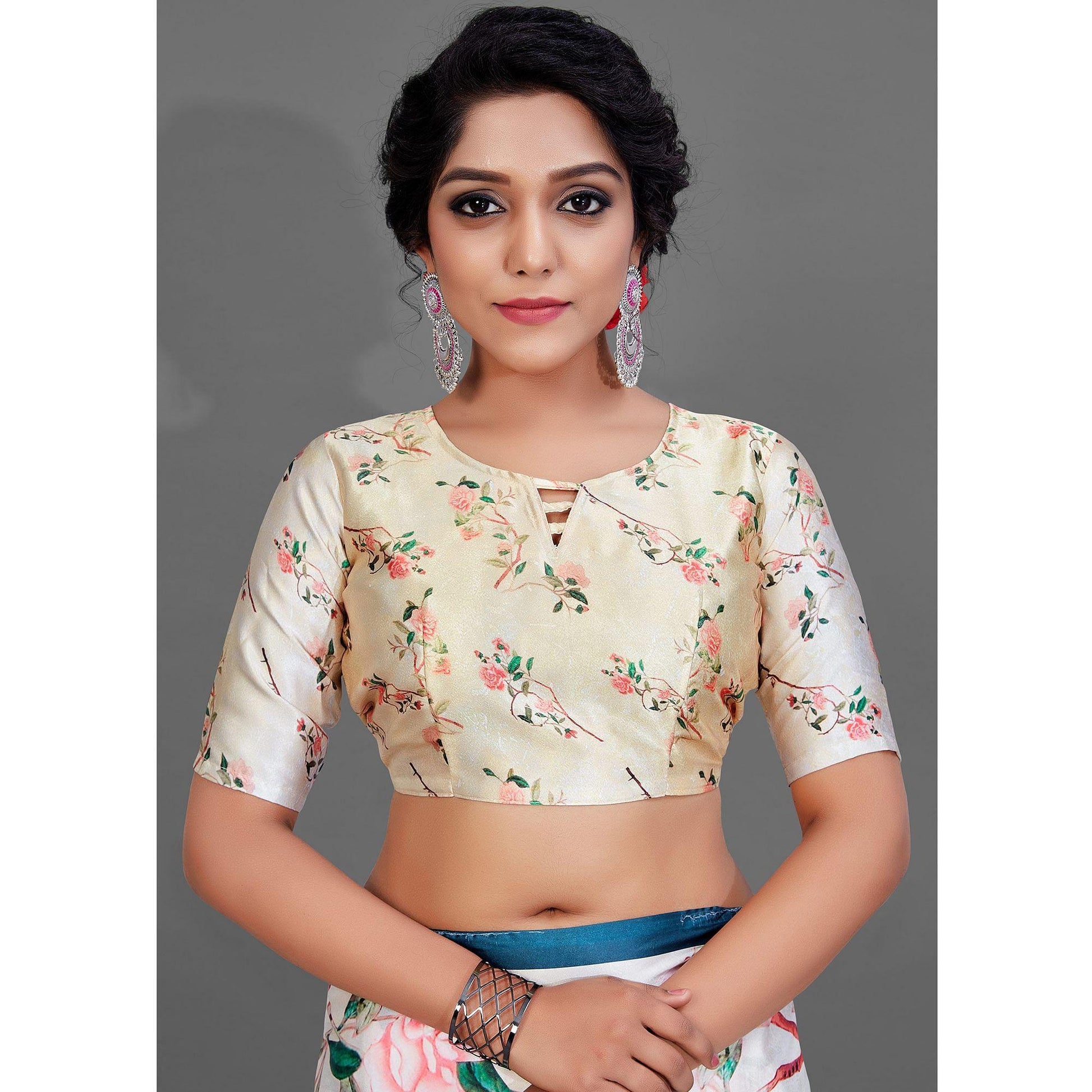 Cream Casual Wear Printed Satin Silk Saree