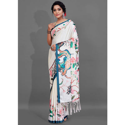 Cream Casual Wear Printed Satin Silk Saree