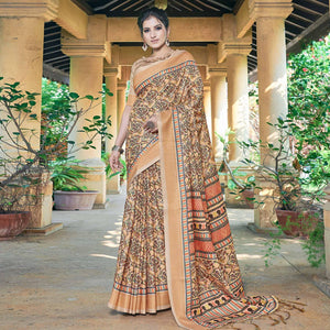 Cream Casual Wear Printed Silk Saree