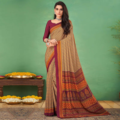 Cream Casual Wear Printed Silk Saree