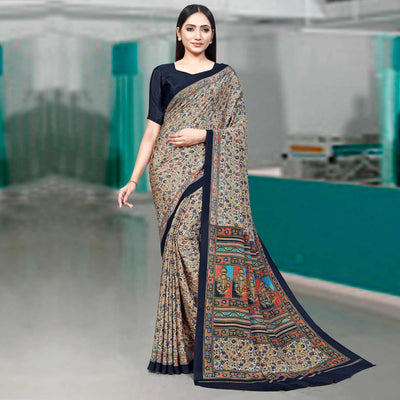 Cream Casual Wear Printed Silk Saree