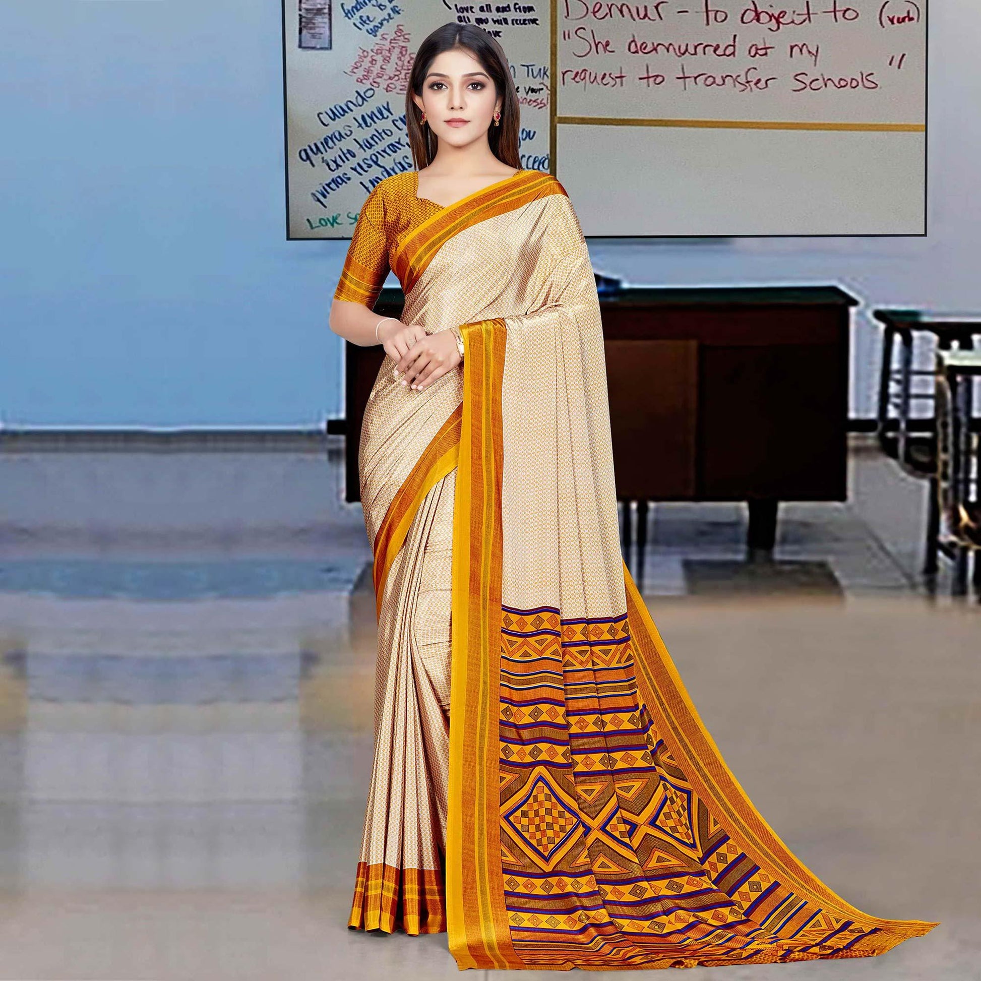 Cream Casual Wear Printed Silk Saree