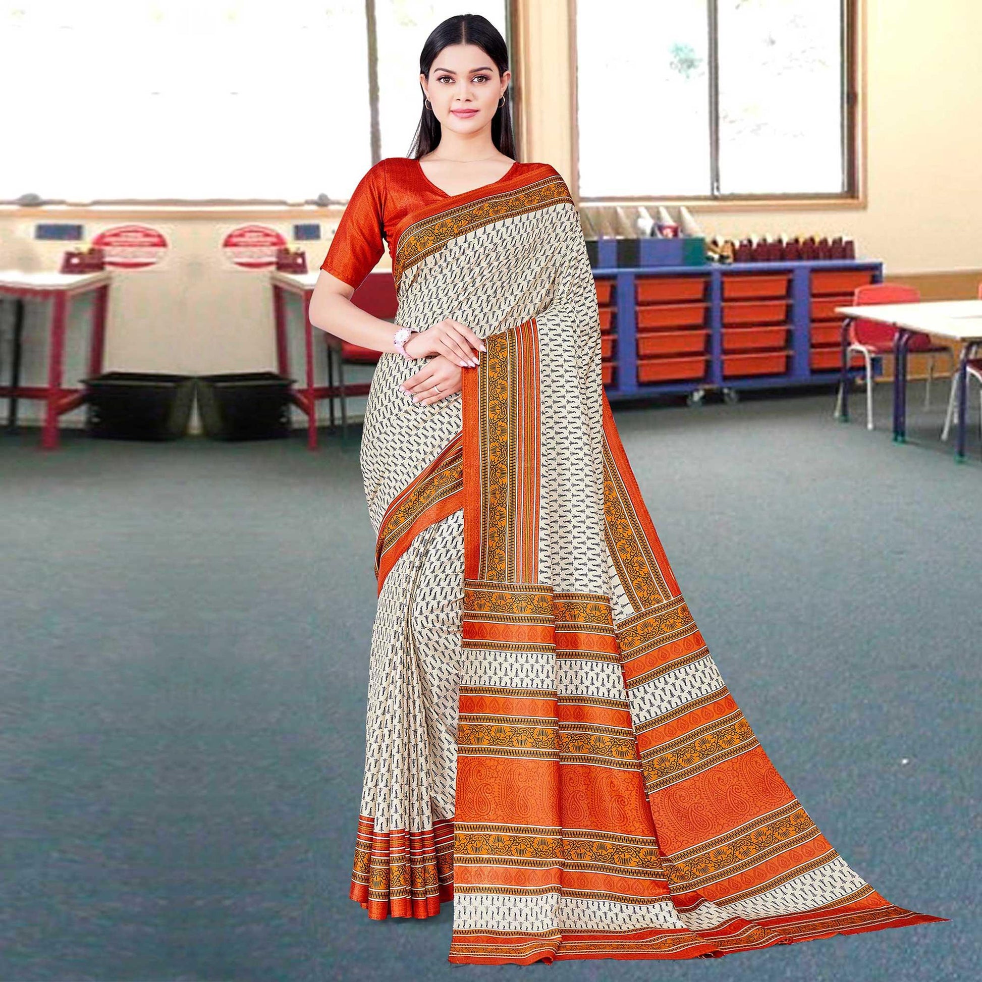 Cream Casual Wear Printed Silk Saree