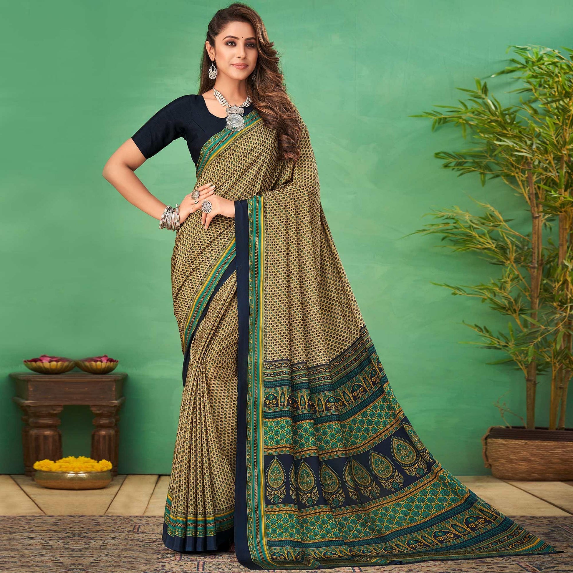 Cream Casual Wear Printed Silk Saree