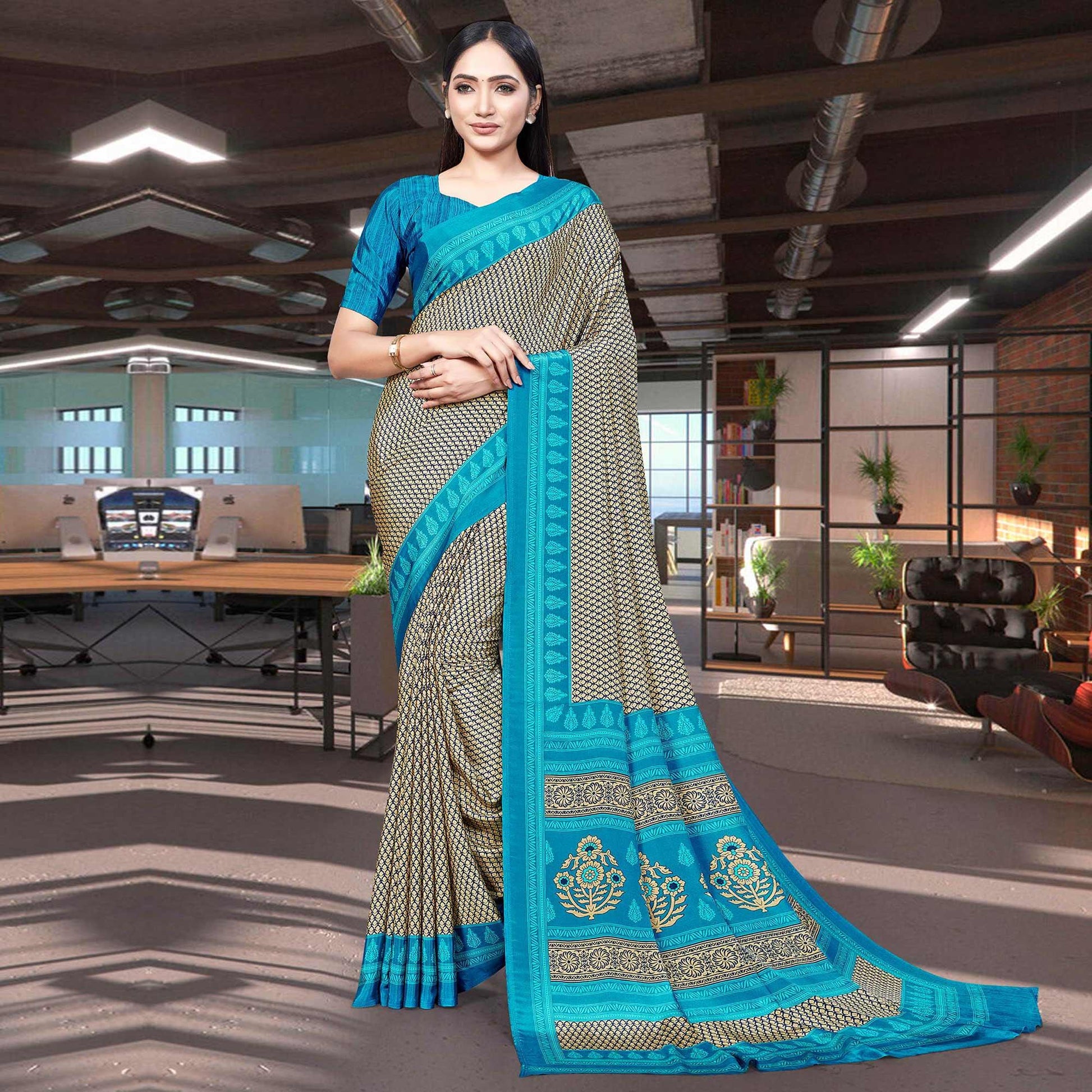 Cream Casual Wear Printed Silk Saree