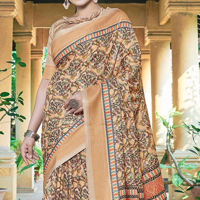 Cream Casual Wear Printed Silk Saree