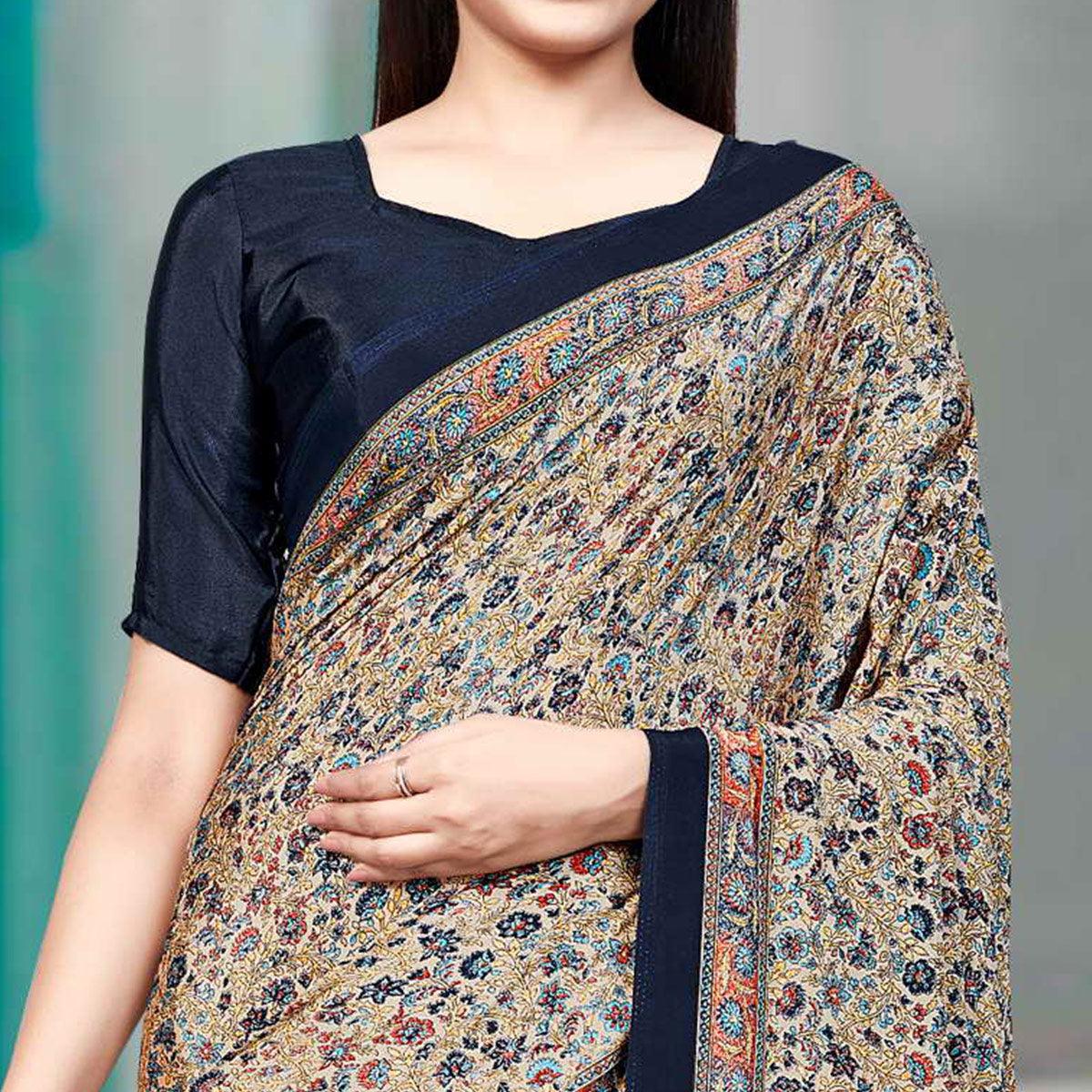 Cream Casual Wear Printed Silk Saree