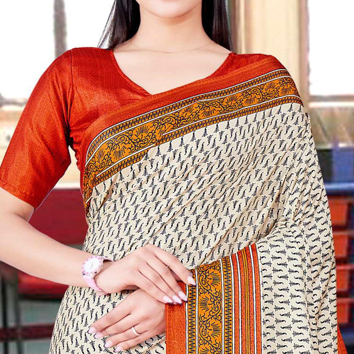 Cream Casual Wear Printed Silk Saree