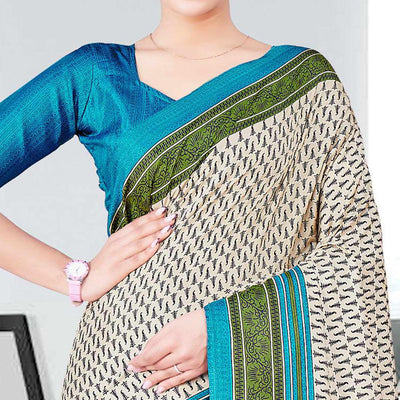Cream Casual Wear Printed Silk Saree