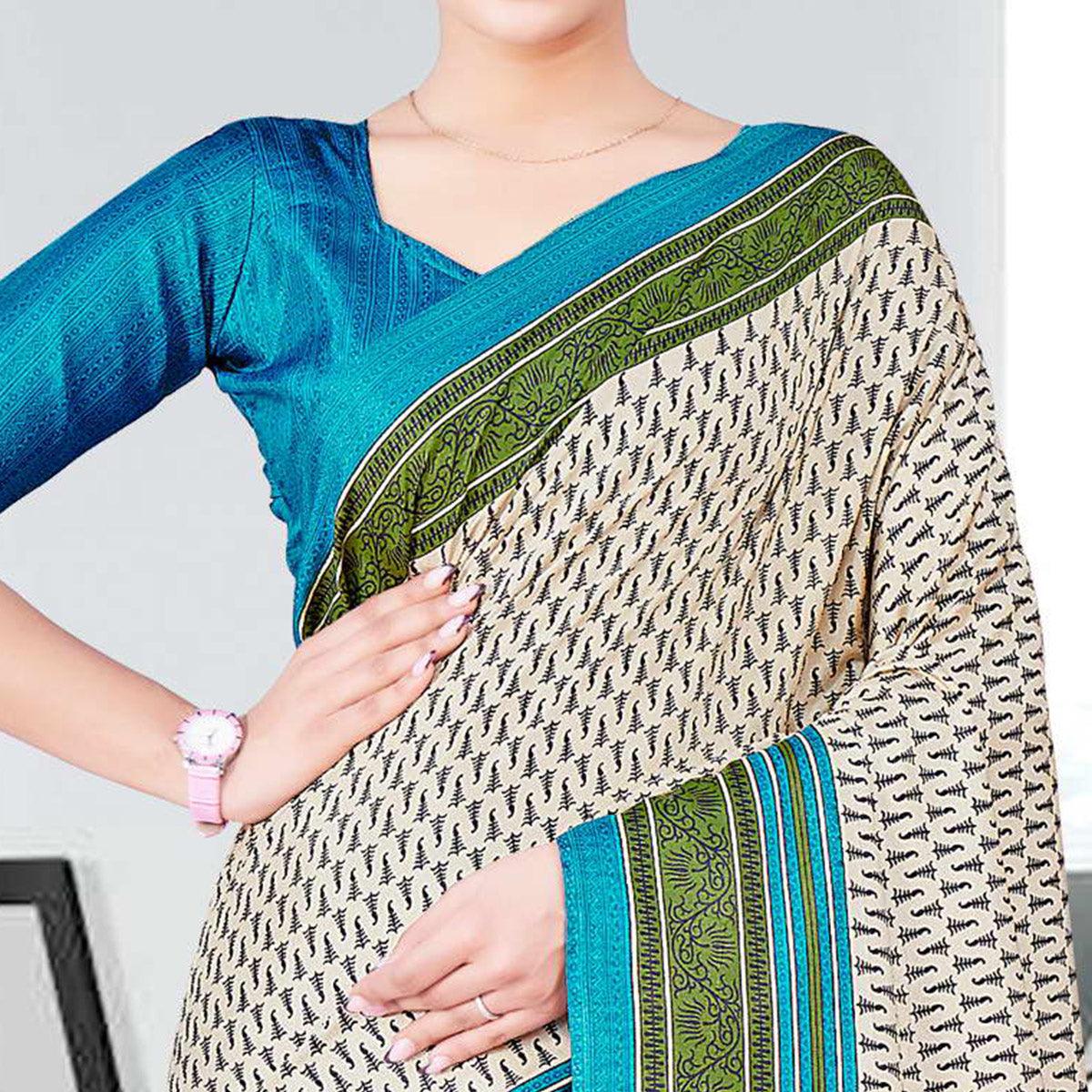 Cream Casual Wear Printed Silk Saree