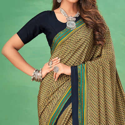 Cream Casual Wear Printed Silk Saree