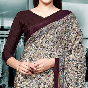 Cream Casual Wear Printed Silk Saree
