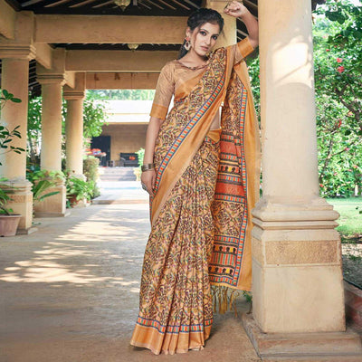 Cream Casual Wear Printed Silk Saree