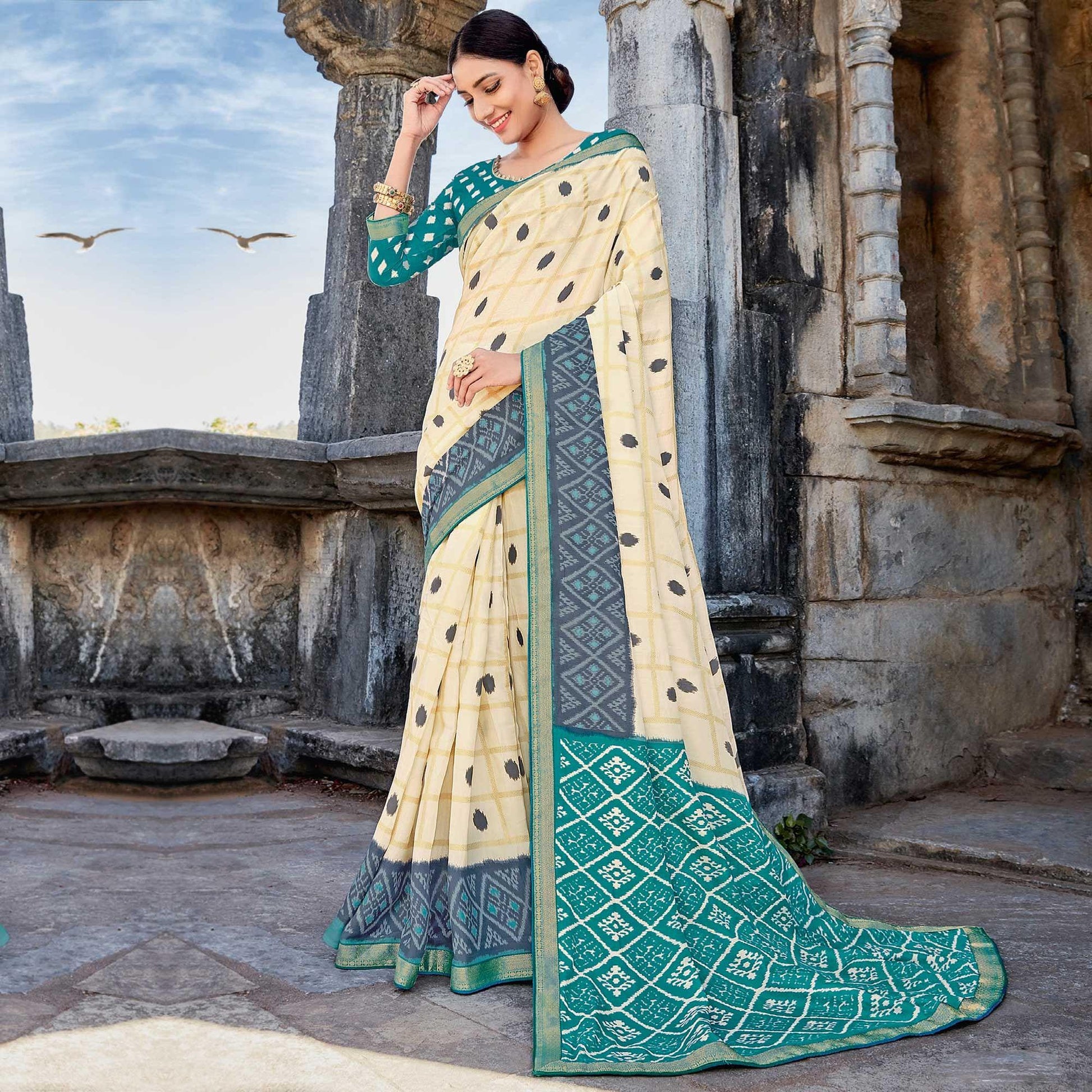 Cream Casual Wear Printed Tussar Silk Saree