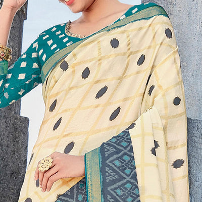 Cream Casual Wear Printed Tussar Silk Saree