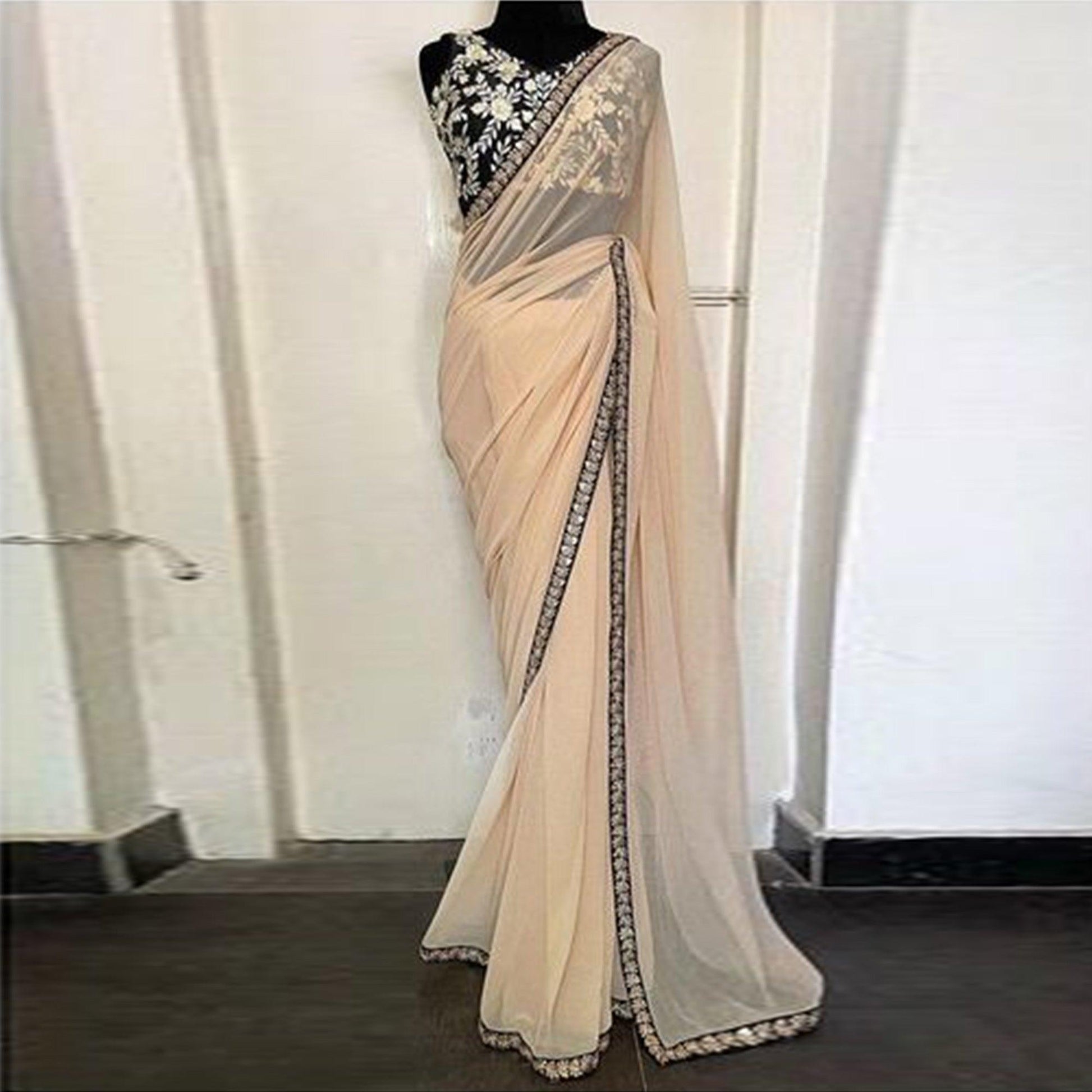 Cream Casual Wear Sequins Embroidered Georgette Saree