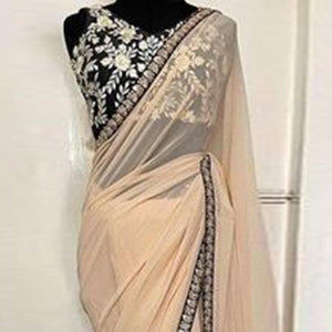 Cream Casual Wear Sequins Embroidered Georgette Saree
