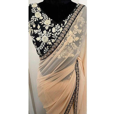Cream Casual Wear Sequins Embroidered Georgette Saree