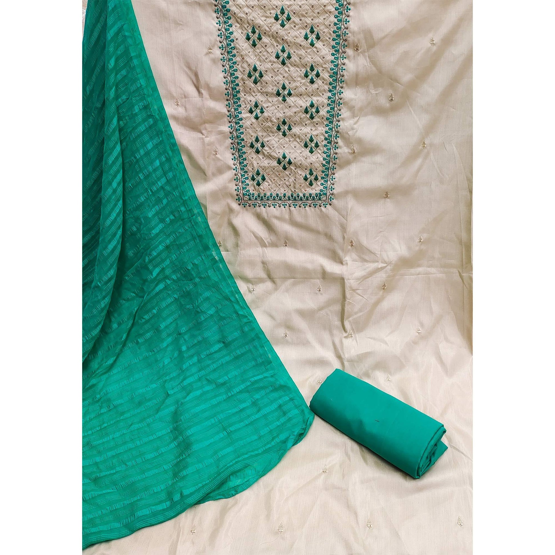 Cream Casual Wear Sequins Embroidered Silk Dress Material