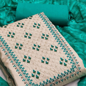 Cream Casual Wear Sequins Embroidered Silk Dress Material