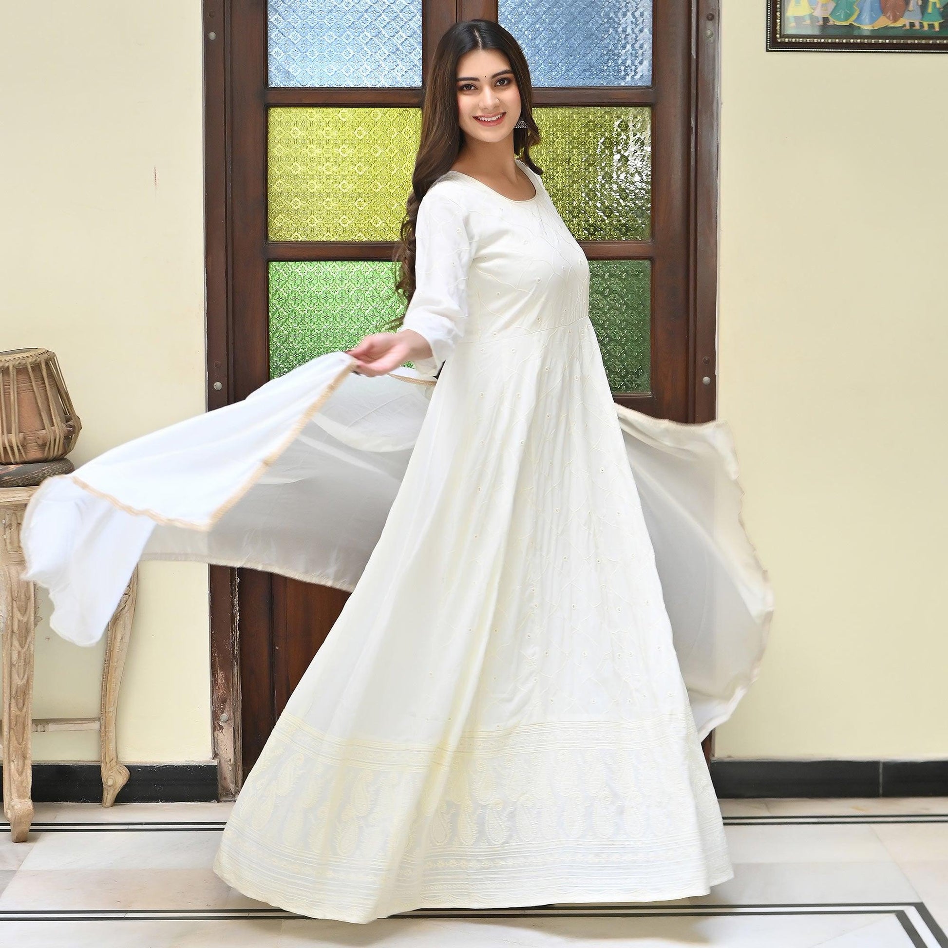 Cream Chikankari Embroidered Georgette Gown