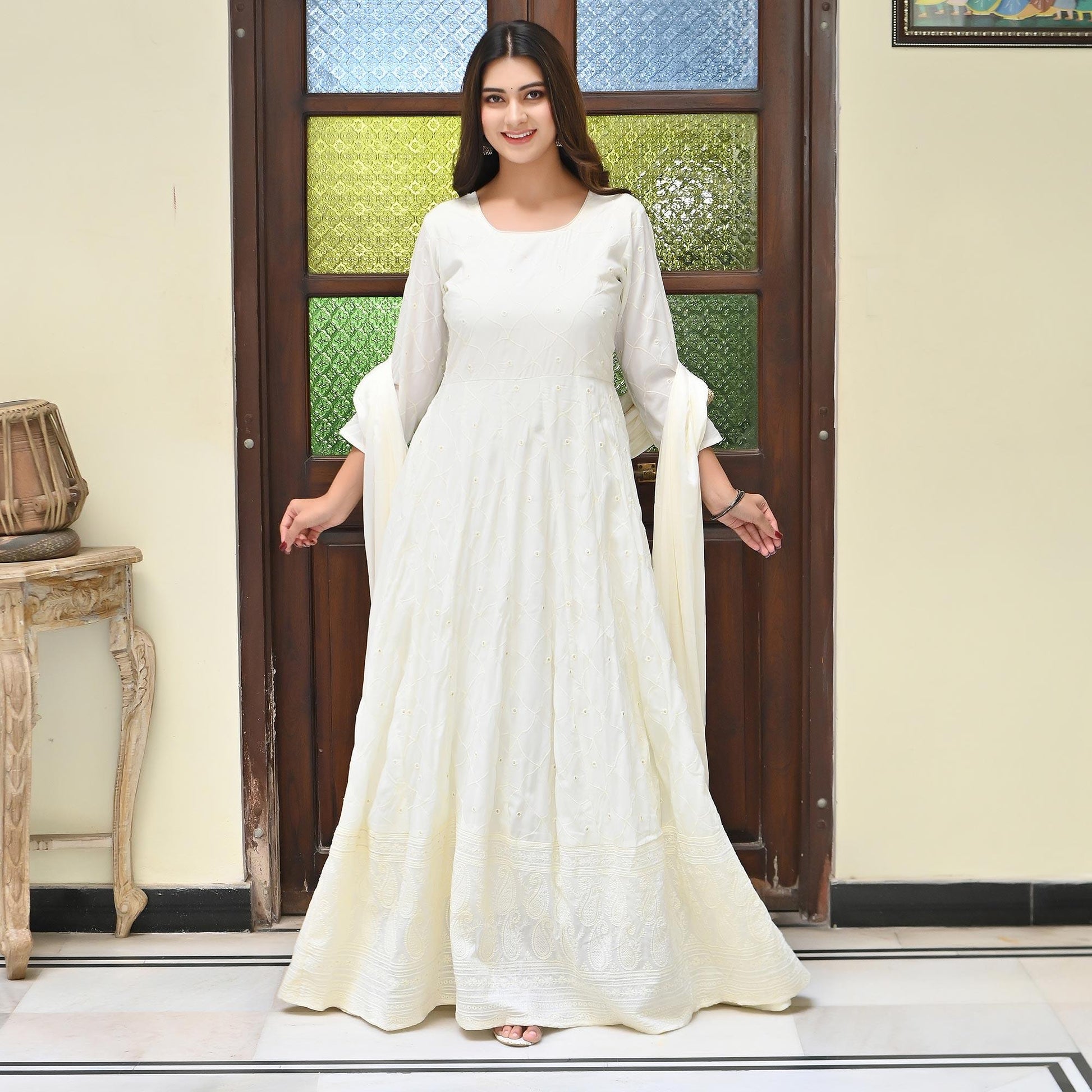 Cream Chikankari Embroidered Georgette Gown