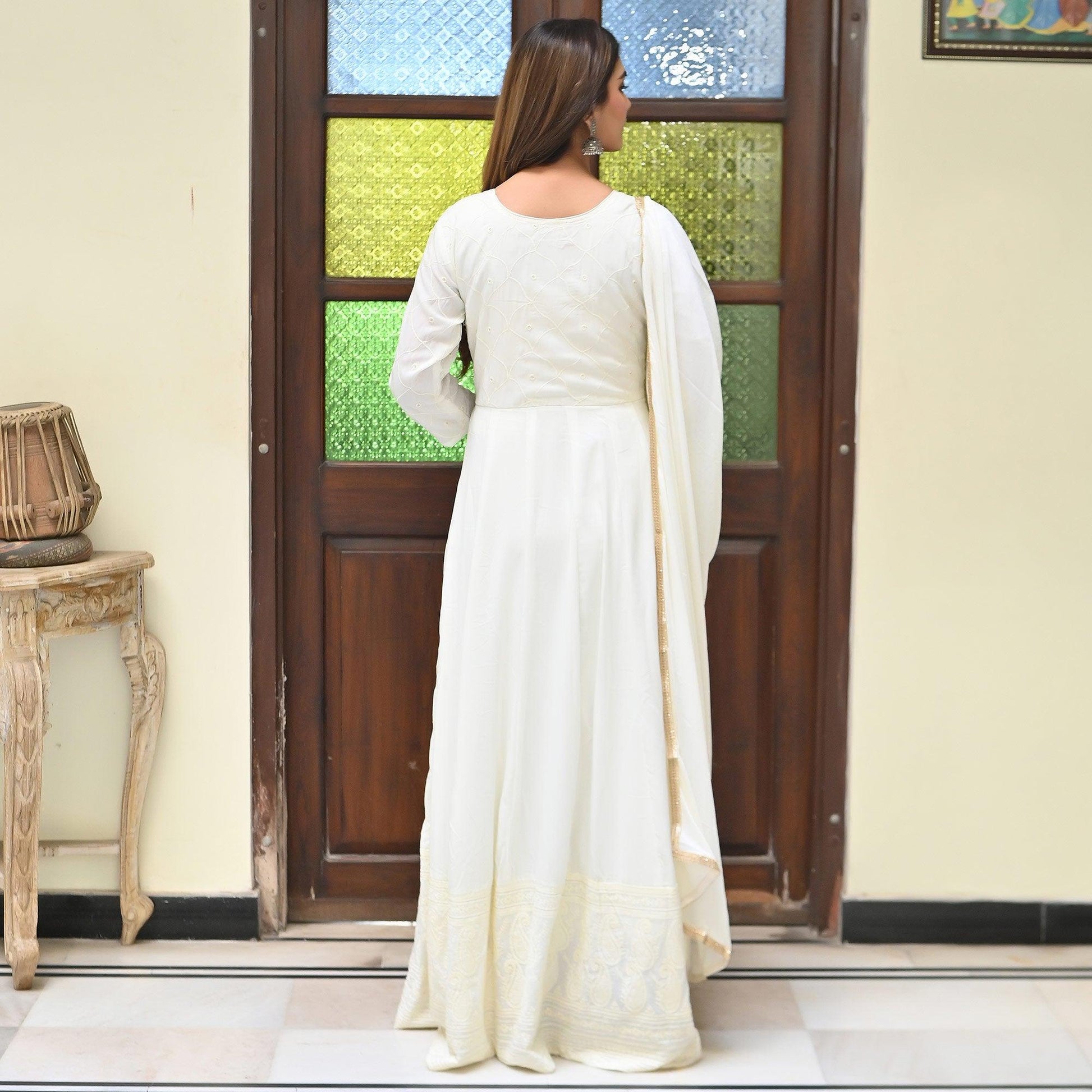 Cream Chikankari Embroidered Georgette Gown