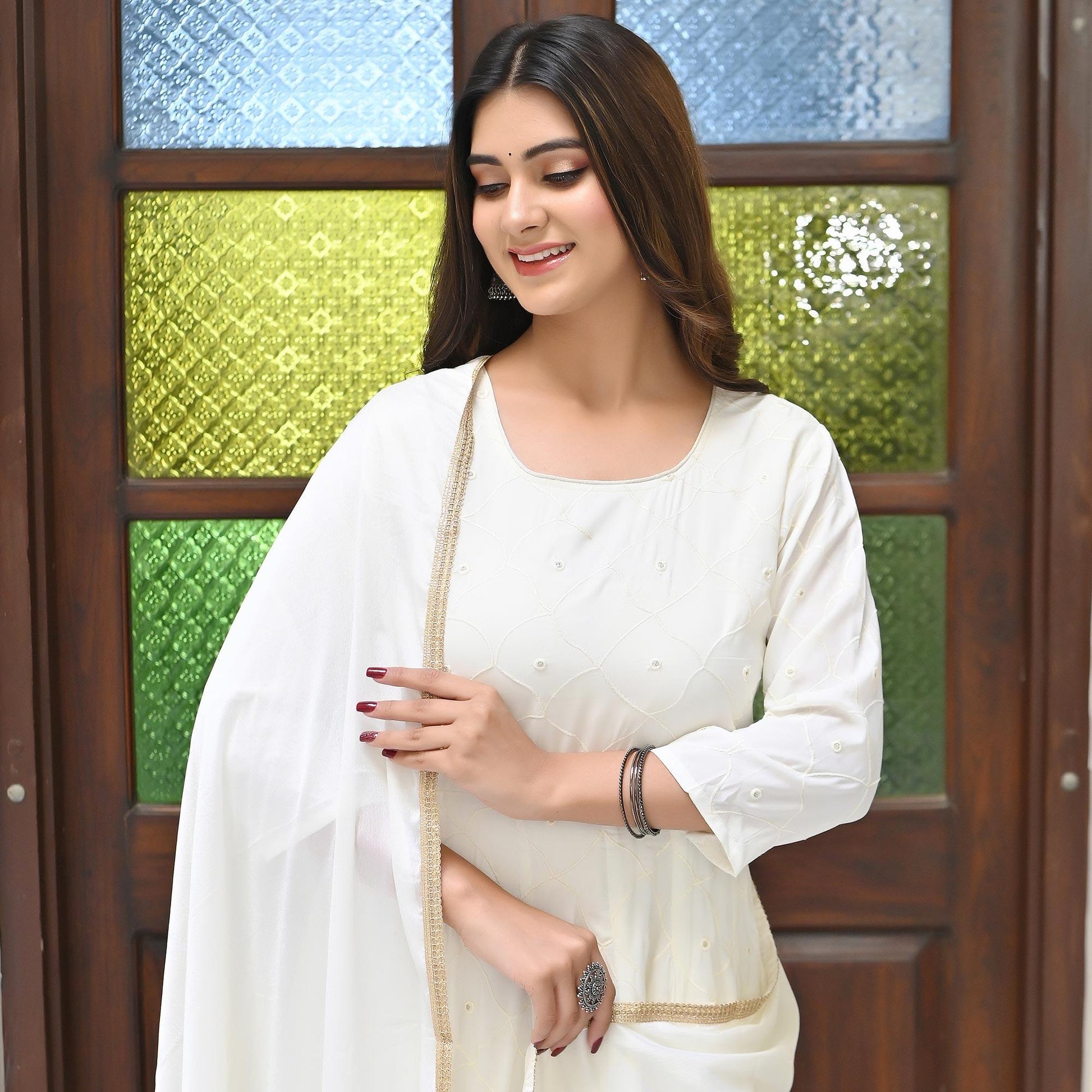 Cream Chikankari Embroidered Georgette Gown