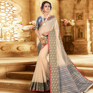 Cream Colored Festive Wear Woven Jute Saree