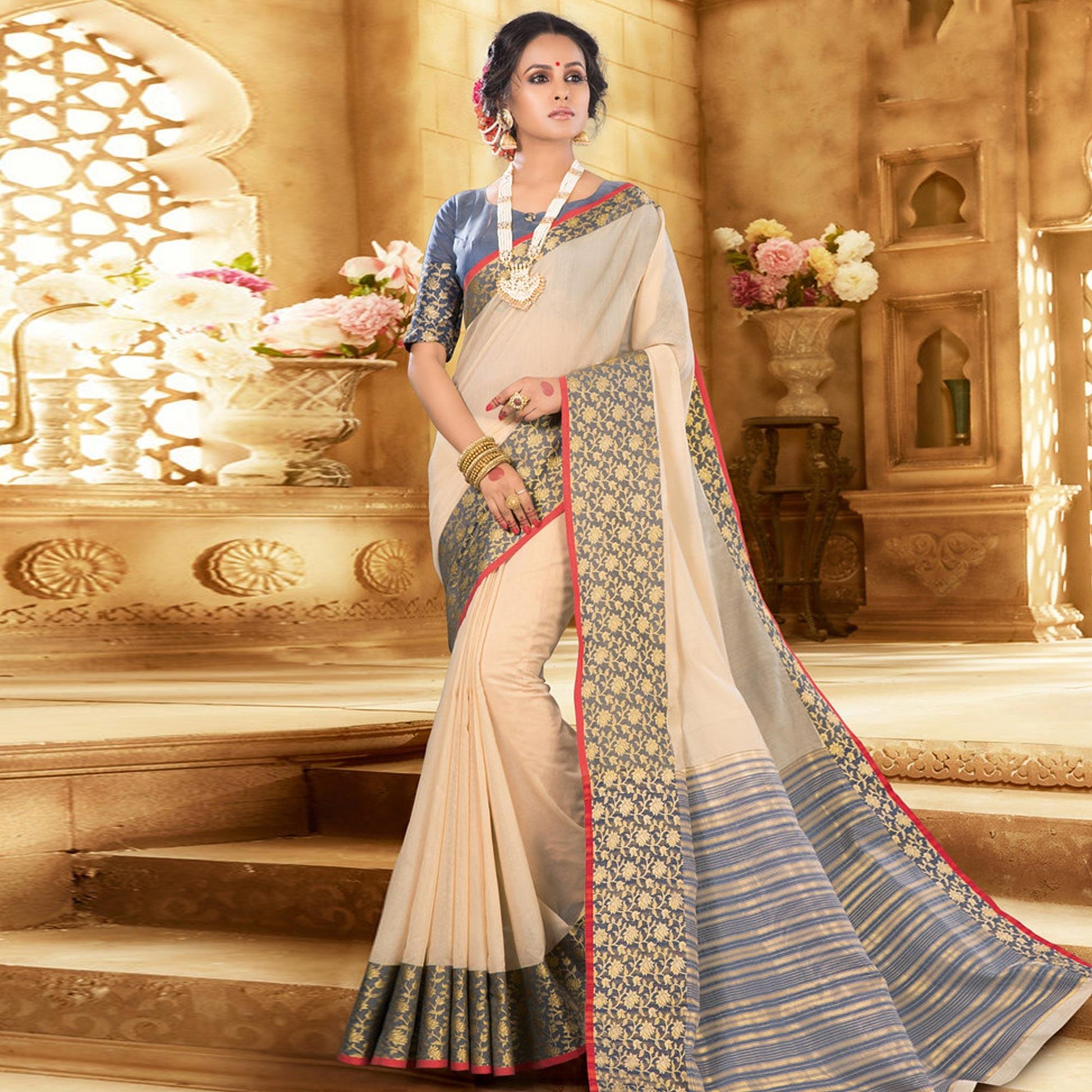 Cream Colored Festive Wear Woven Jute Saree