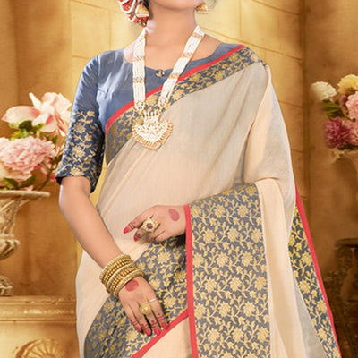 Cream Colored Festive Wear Woven Jute Saree
