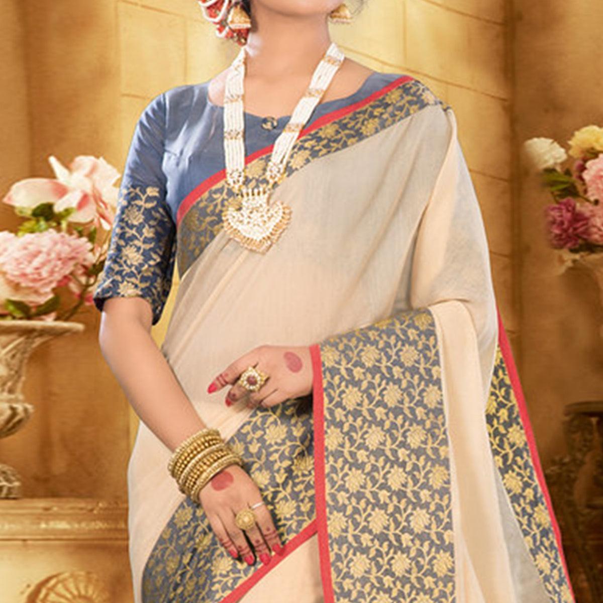 Cream Colored Festive Wear Woven Jute Saree