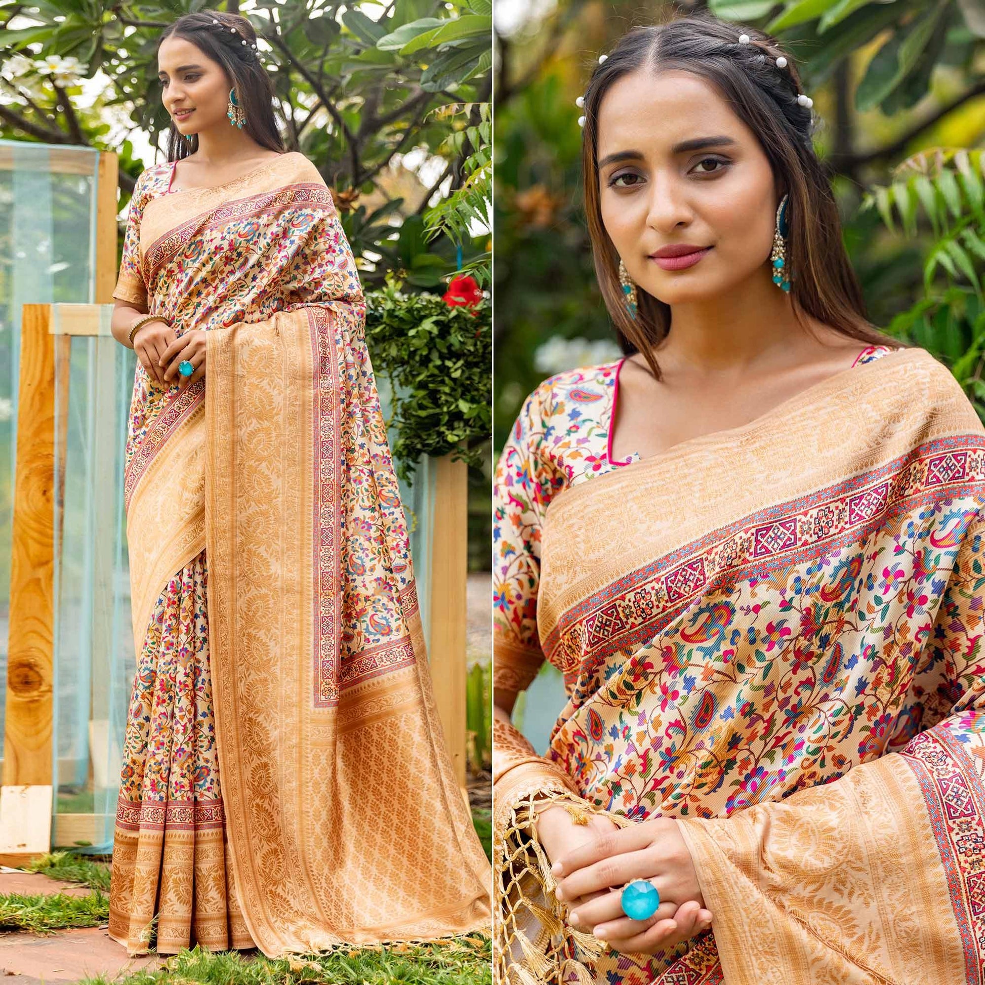 Cream Digital Printed Art Silk Saree