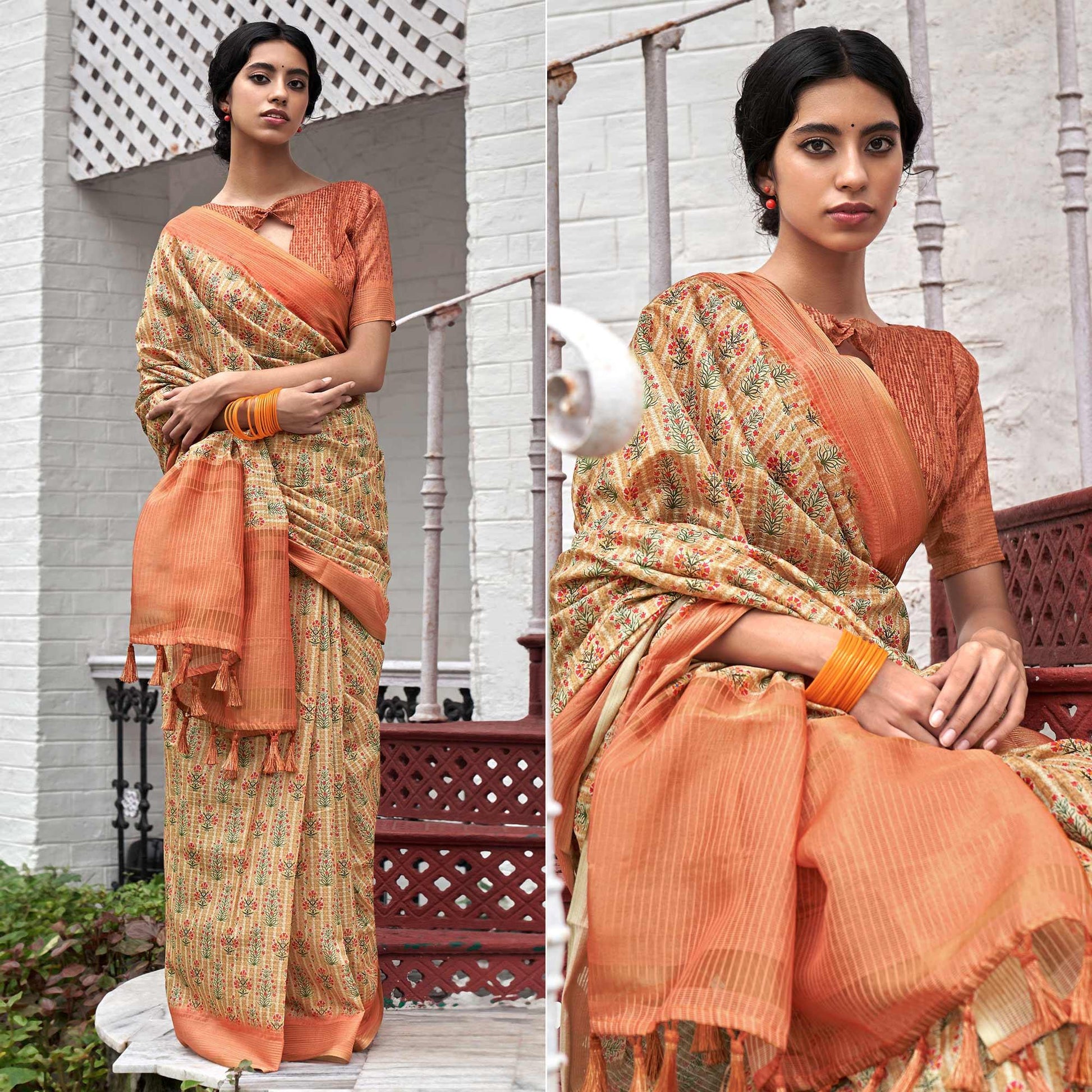 Cream Digital Printed Art Silk Saree