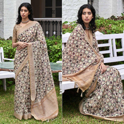 Cream Digital Printed Art Silk Saree