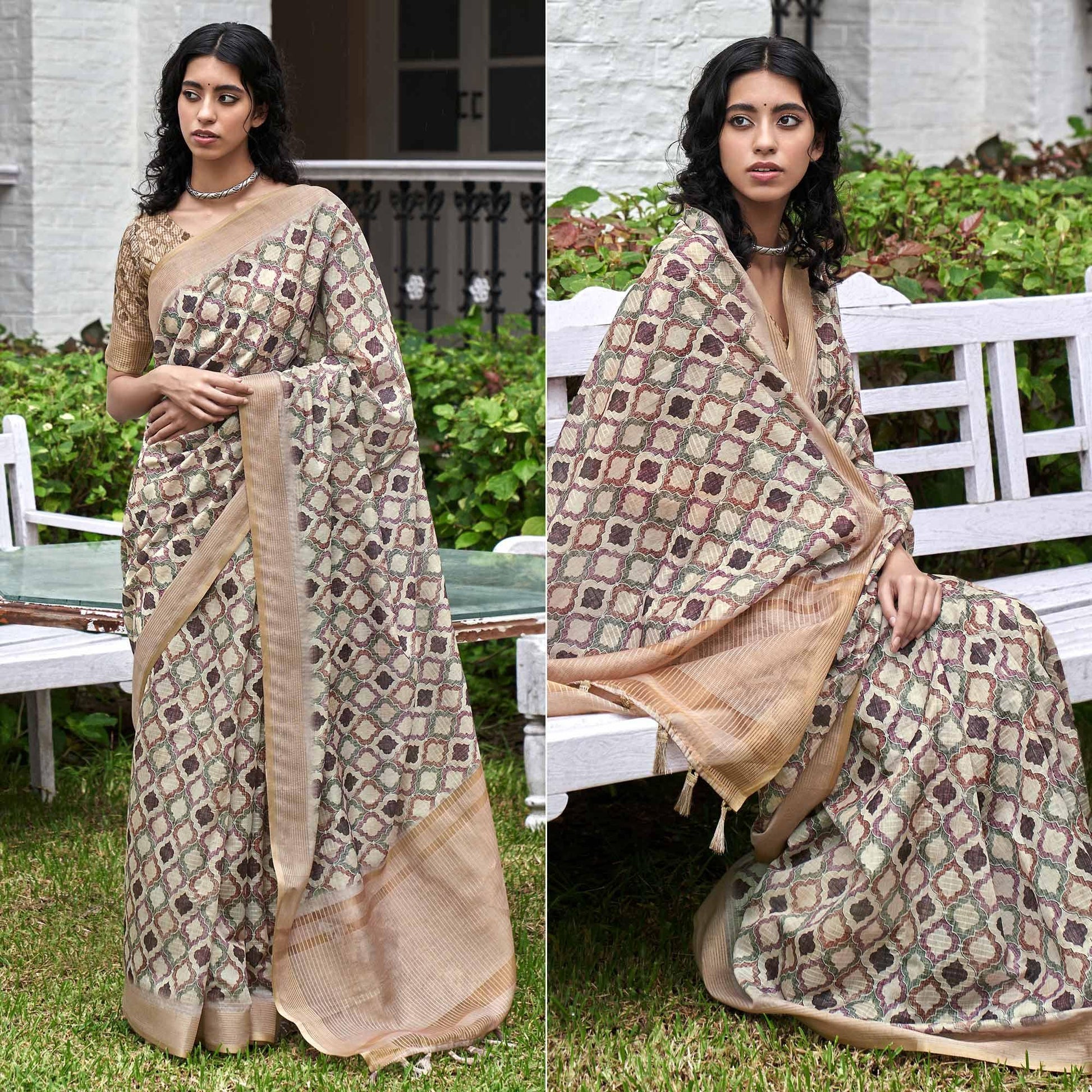 Cream Digital Printed Art Silk Saree