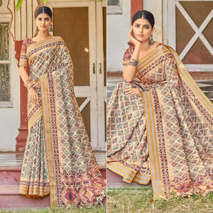 Cream Digital Printed Art Silk Saree