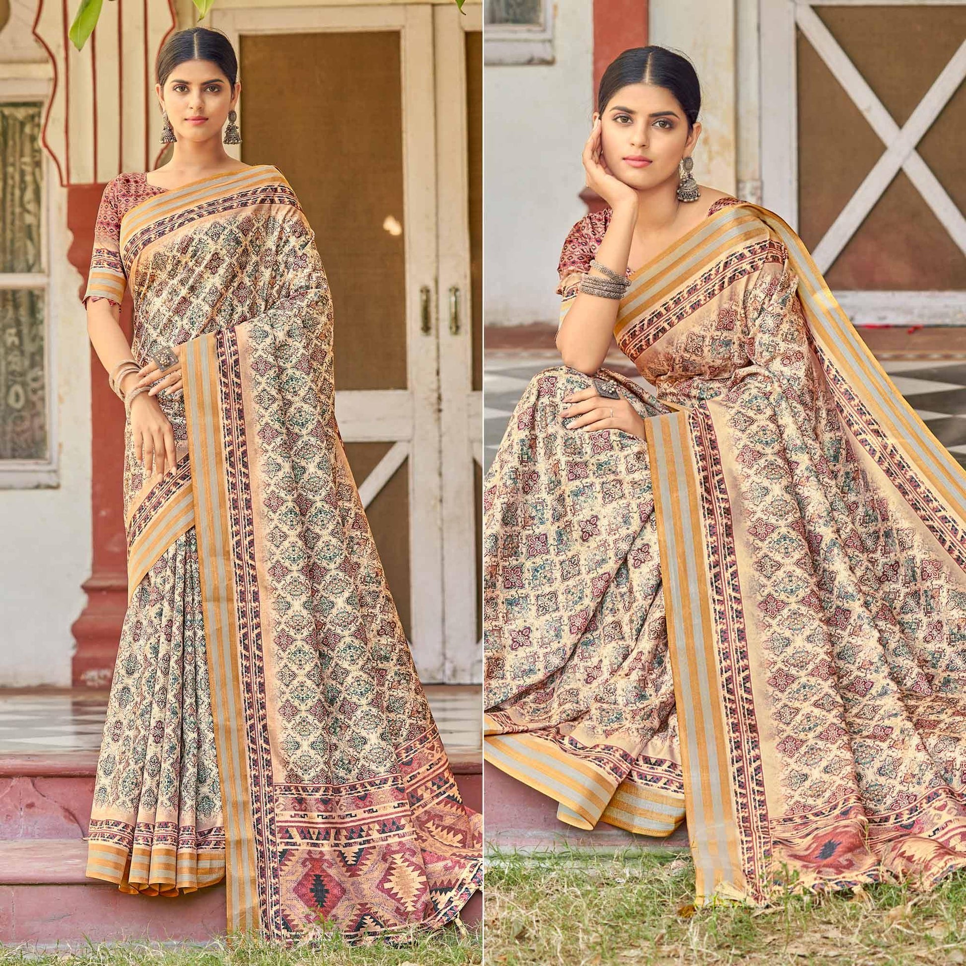 Cream Digital Printed Art Silk Saree