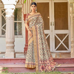 Cream Digital Printed Art Silk Saree