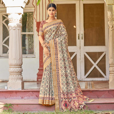 Cream Digital Printed Art Silk Saree