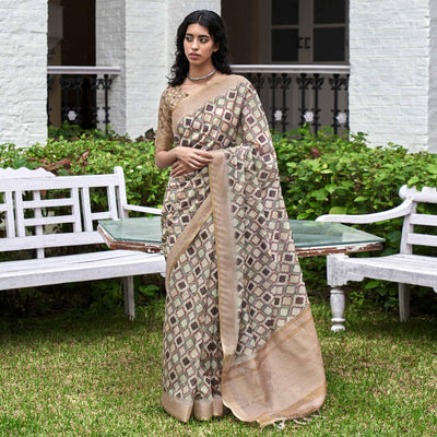 Cream Digital Printed Art Silk Saree