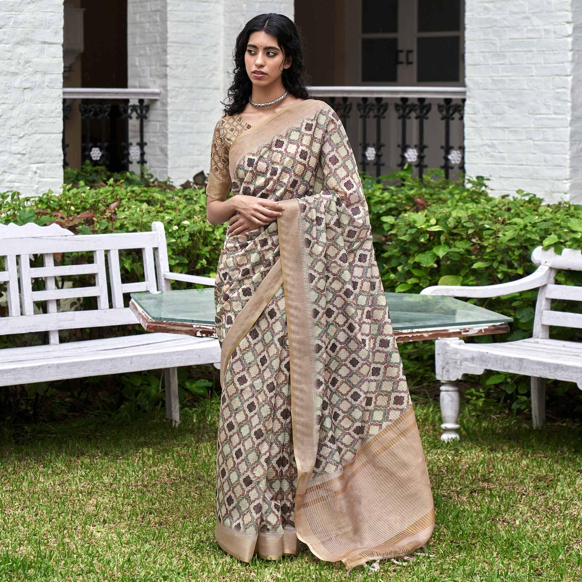 Cream Digital Printed Art Silk Saree