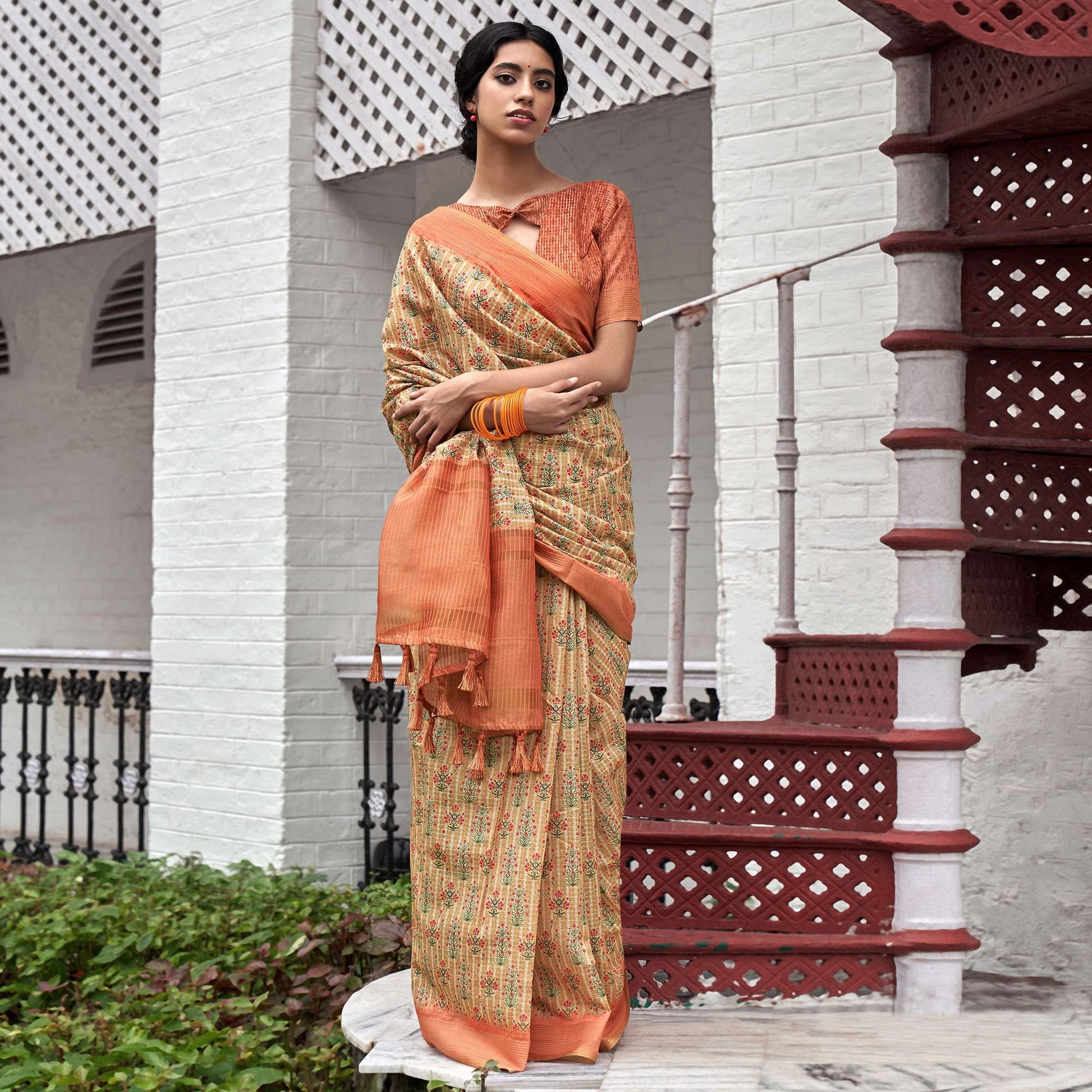 Cream Digital Printed Art Silk Saree