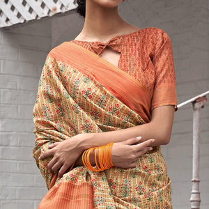 Cream Digital Printed Art Silk Saree