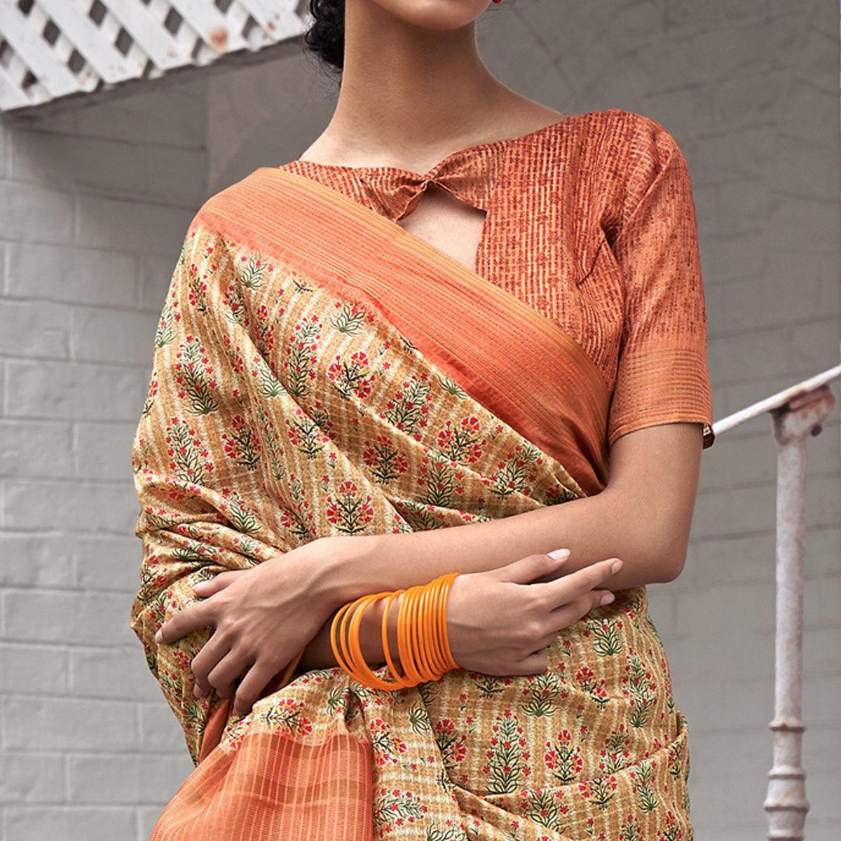 Cream Digital Printed Art Silk Saree