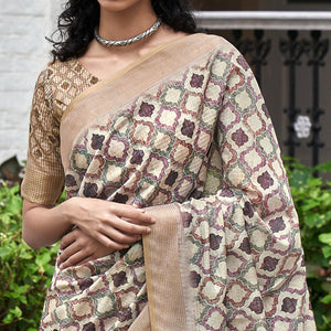 Cream Digital Printed Art Silk Saree