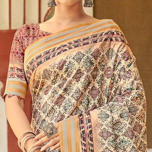 Cream Digital Printed Art Silk Saree